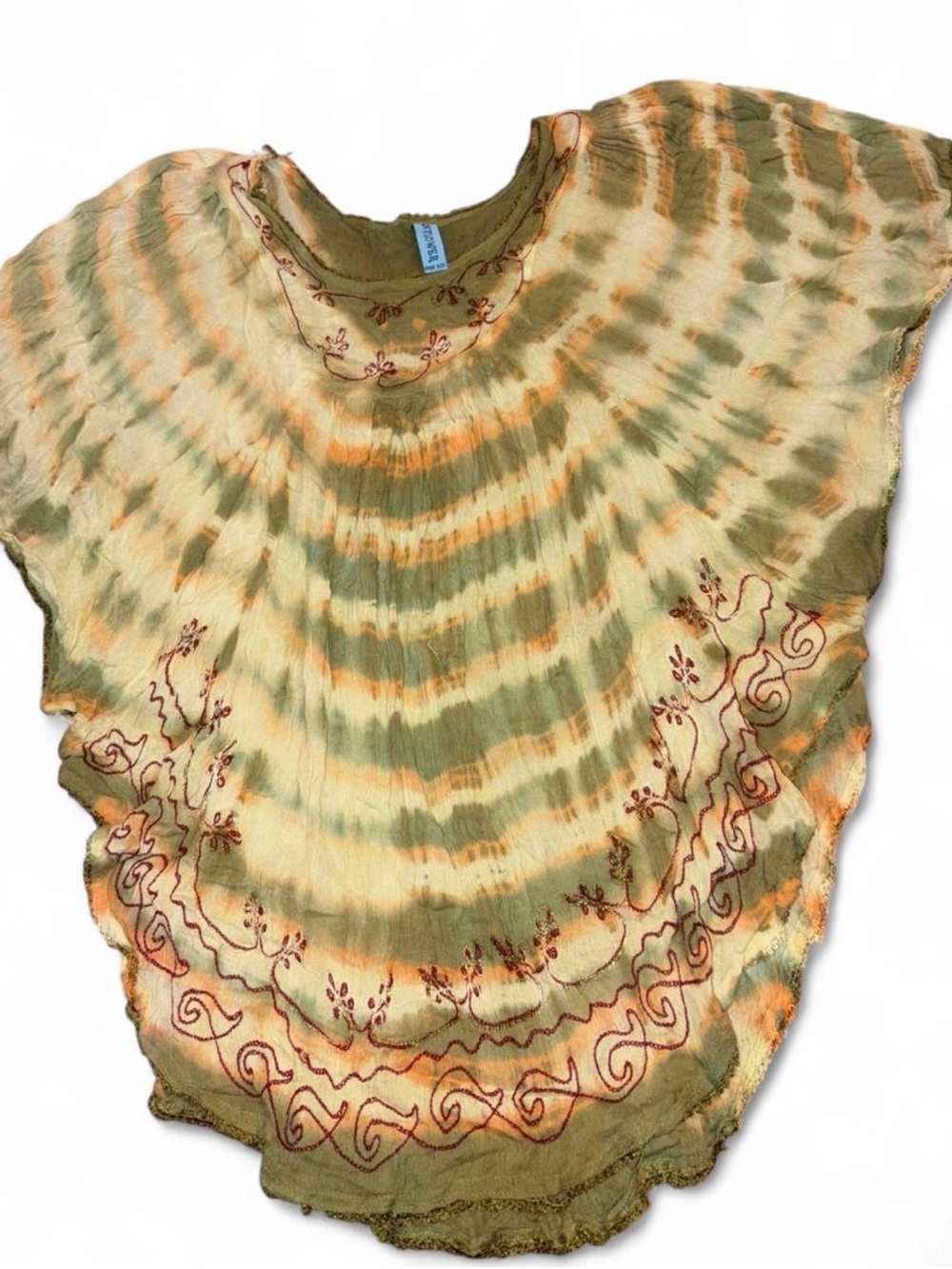 Boho embroidered tie-dye poncho top  - Olive & Cream
